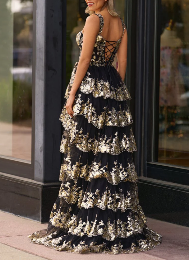 Gorgeous Black Tulle Lace Appliques Tiered Evening Dress,A Line Off The Shoulder Slit Prom Party Gown cc2869