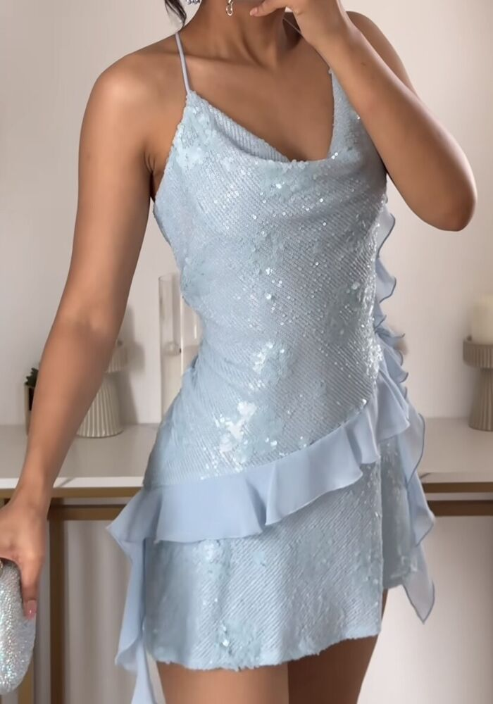 Gorgeous Blue Sequins Chiffon Homecoming Dress,Halter Sheath Cocktail Dress cc2689