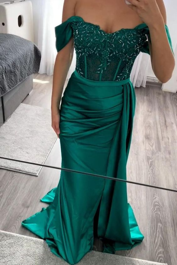 Elegant Off The Shoulder Green Prom Dress,Green Evening Dress cc1183