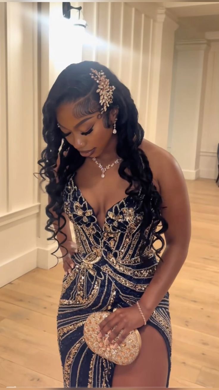 Vintage Navy Blue And Gold High Slit Deep V Neck Sequined Long Prom Dress Evening Dress cc4807