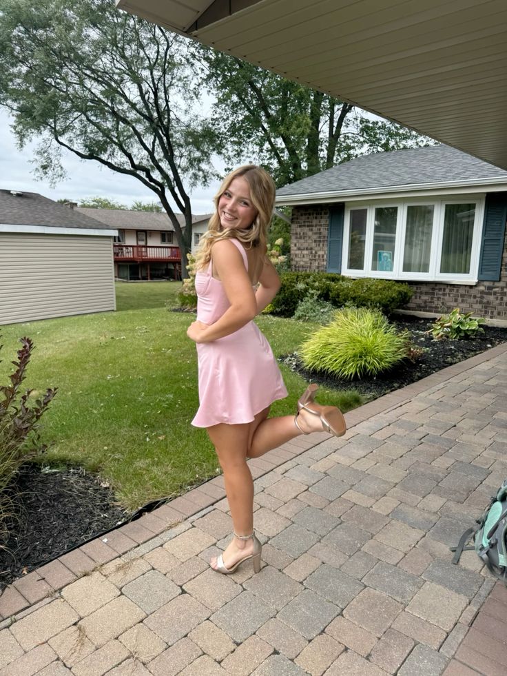 Sweet Light Pink Simple Waist A-line Satin 17th Birthday Homecoming Dress cc4109