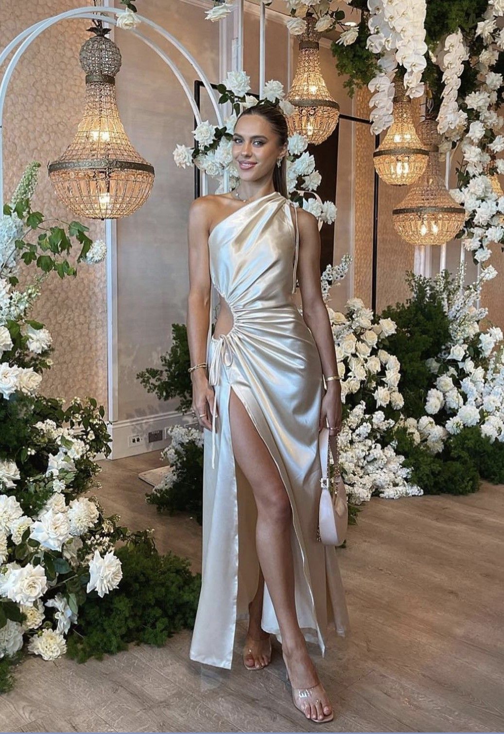 Elegant Champagne One-shoulder Pleated High Slit Satin Prom Dress Evening Dress cc4825