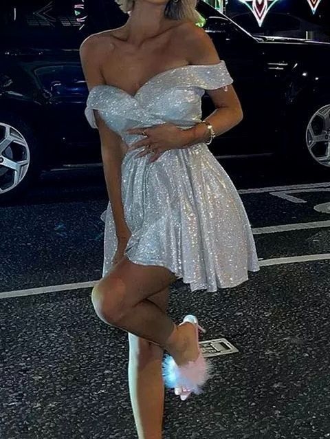 Fashionable Silver One-shoulder Glitter A-line Short 19th Birthday Homecoming Dress cc4126