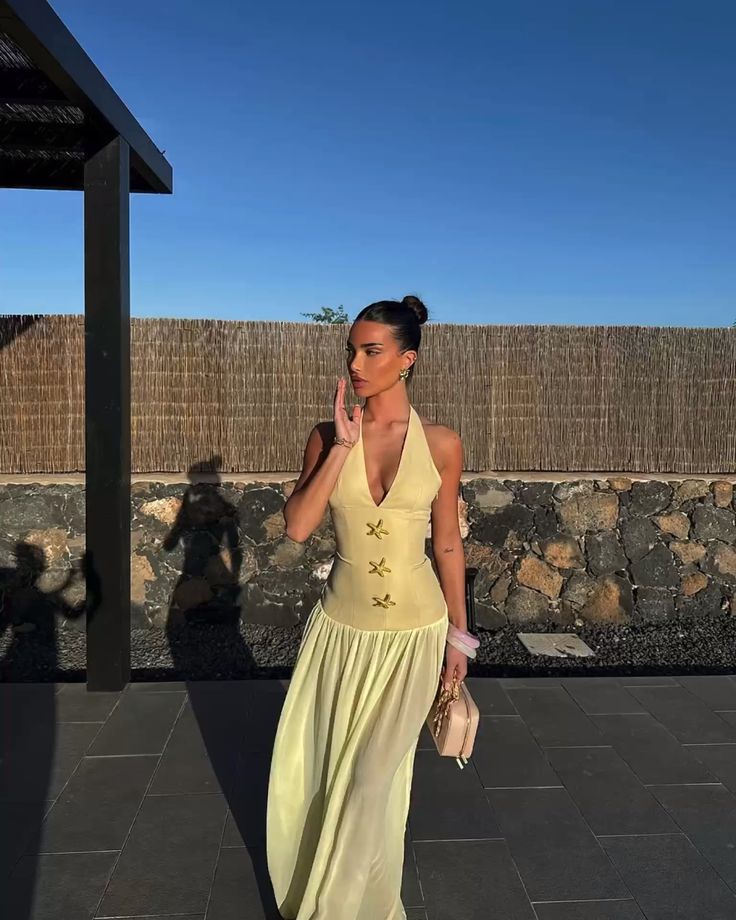 Elegant Light Yellow Slim Halter Deep V Strap Satin Chiffon Long Prom Dress Evening Dress cc4827