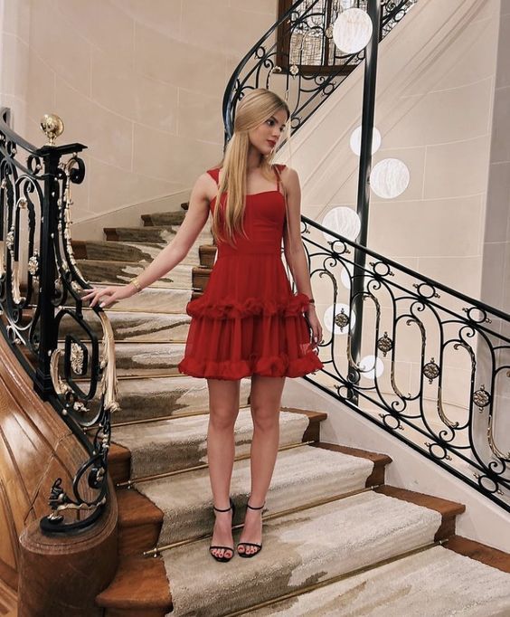 Sweet Red Suspender Square Neck Ruffle Waist A-line Tulle 17th Birthday Homecoming Dress cc4130