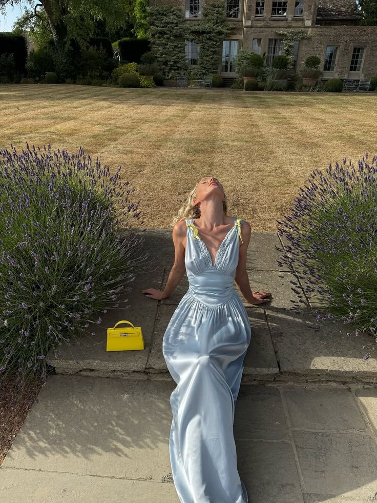 Vintage Light Blue A-line Deep V Strap Satin Long Prom Dress Evening Dress cc4839