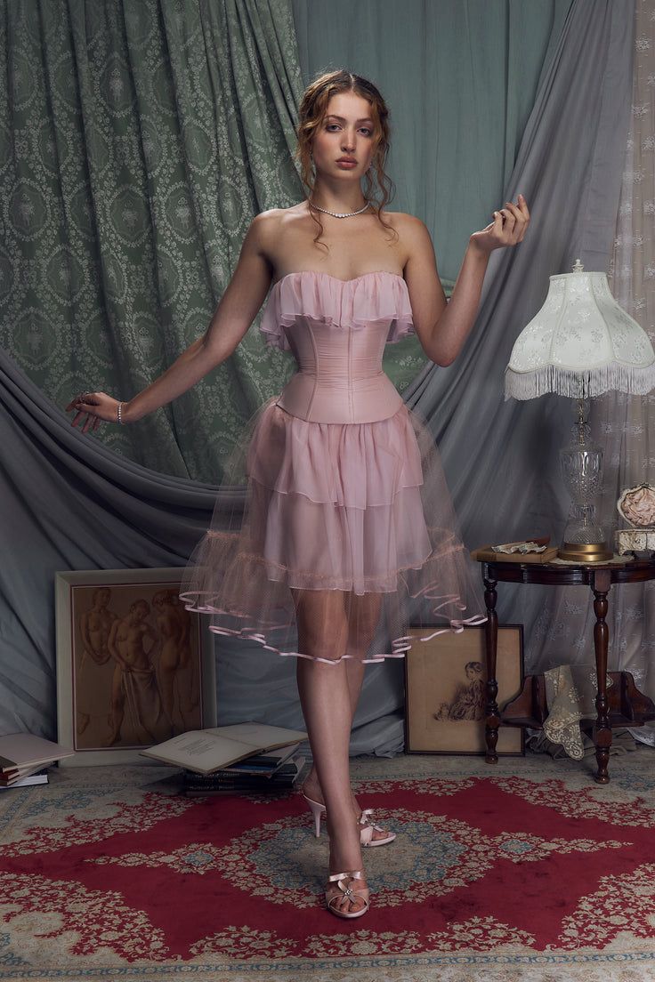 Retro Palace Light Pink Ruffled Tulle A-line 17th Birthday Homecoming Dress cc4150