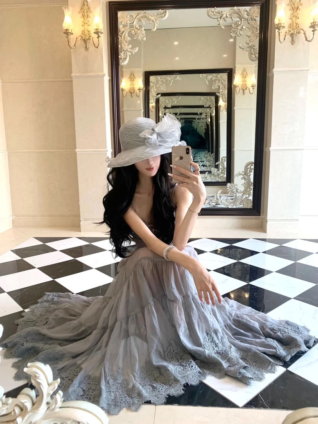 Elegant Smoky Gray A-line Spaghetti Strap Sequined Lace Long Prom Dress Evening Dress cc4853