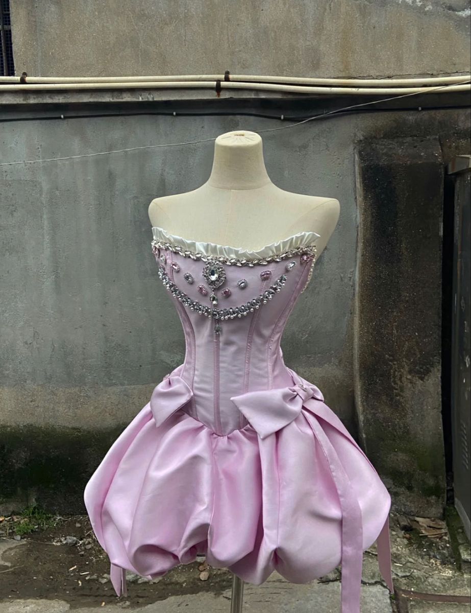 Retro Tube Top Rhinestone Bow Satin Bud 16th Birthday Homecoming Dress cc4155