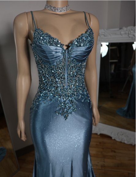Elegant Blue Mermaid Deep V Halter Beaded Satin Long Prom Dress Evening Dress cc4865