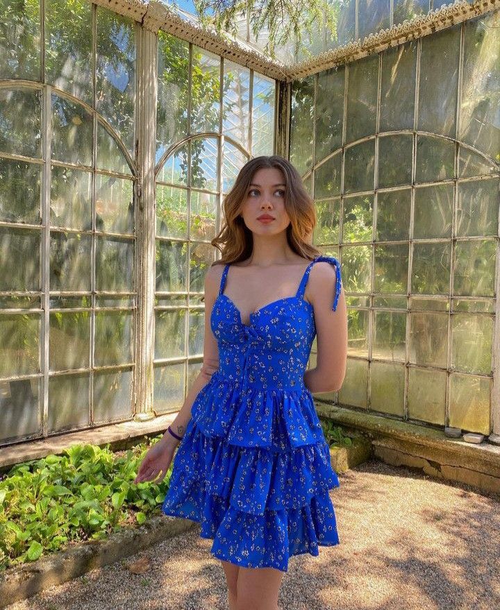 Sweet Blue Floral Suspender Layered A-line 16th Birthday Homecoming Dress cc4167