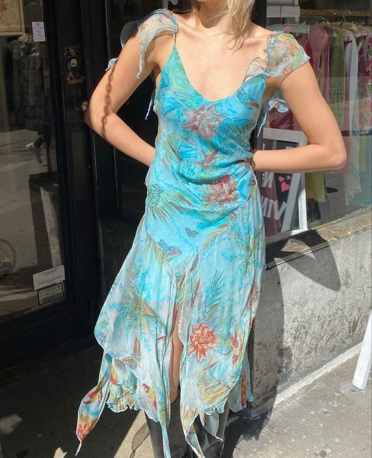 Beautiful Blue Floral Print Irregular V-neck Chiffon Prom Dress cc4869