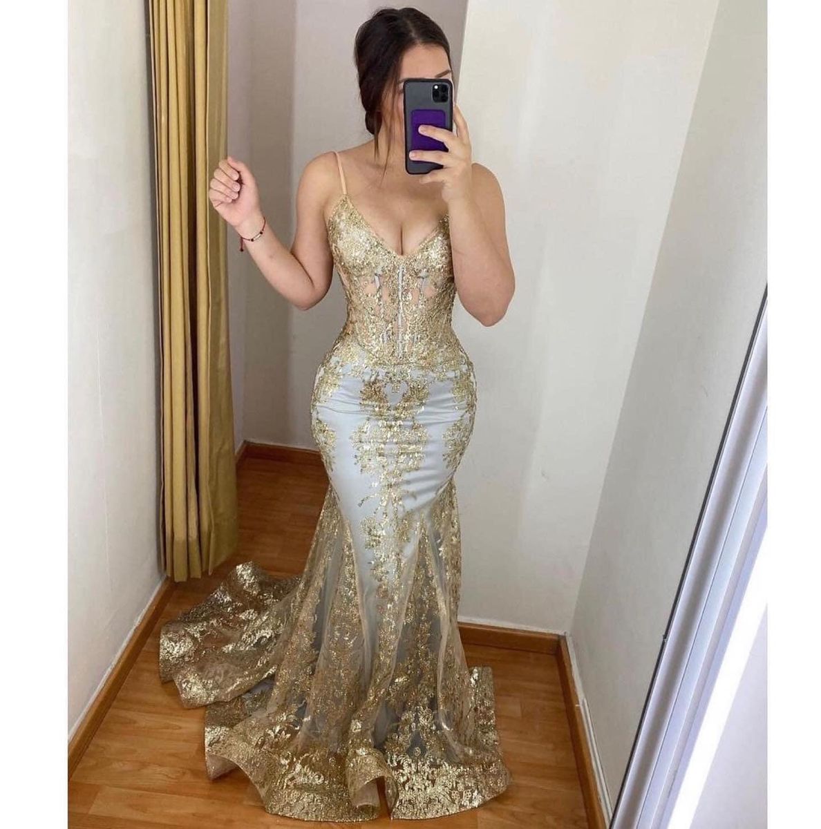 Luxurious Gold Mermaid Deep V-Neck Strappy Embroidered Tulle Long Prom Dress Evening Dress cc4881