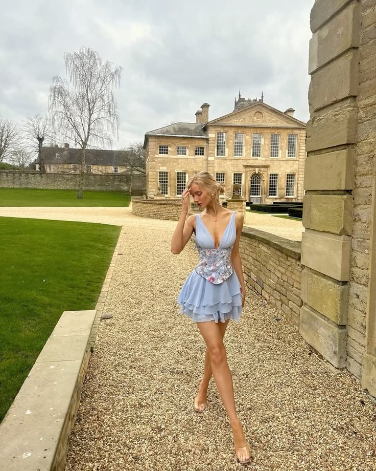 French Palace Light Blue Deep V Embroidered Chiffon A-Line 17th Birthday Homecoming Dress cc4183