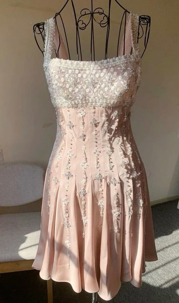 Vintage Pink Square Neck Wide Shoulder Strap Sequin Embroidered Satin Birthday Party Homecoming Dress cc4186