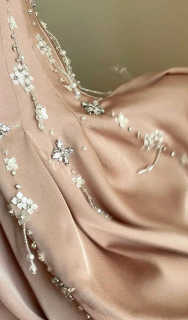 Vintage Pink Square Neck Wide Shoulder Strap Sequin Embroidered Satin Birthday Party Homecoming Dress cc4186