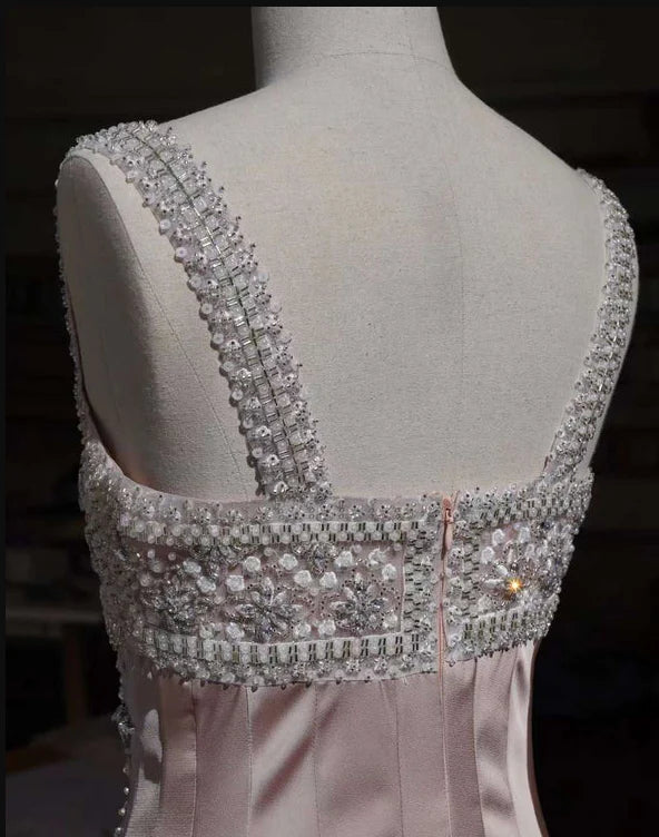 Vintage Pink Square Neck Wide Shoulder Strap Sequin Embroidered Satin Birthday Party Homecoming Dress cc4186