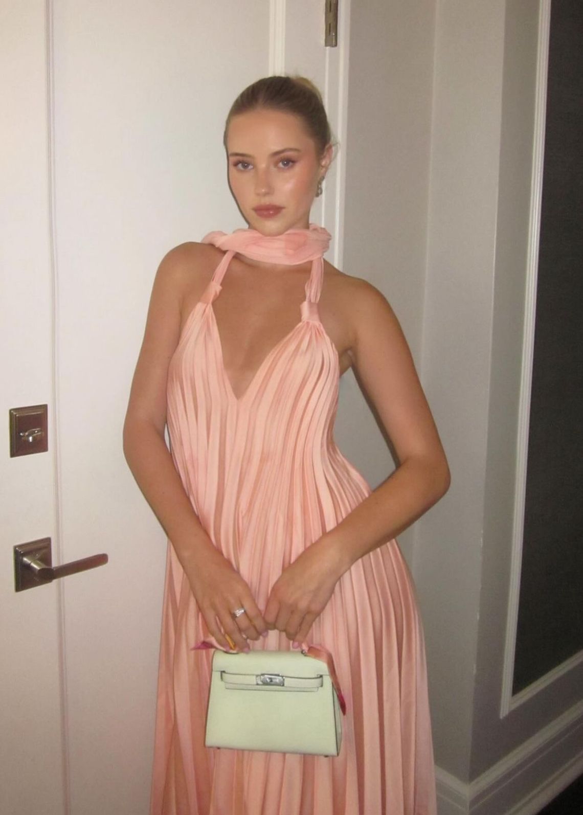 Elegant Pink A-line V-neck Pleated Satin Long Prom Dress Evening Dress cc4889