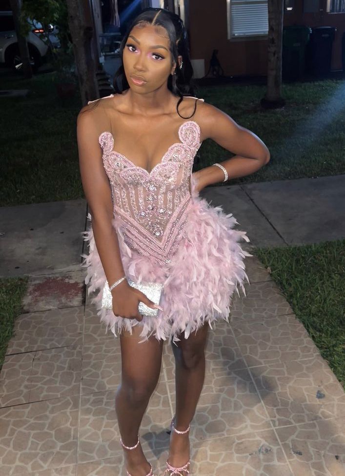 Gorgeous Pink Rhinestone Embroidered Feather Skirt 16th Birthday Homecoming Dress cc4195