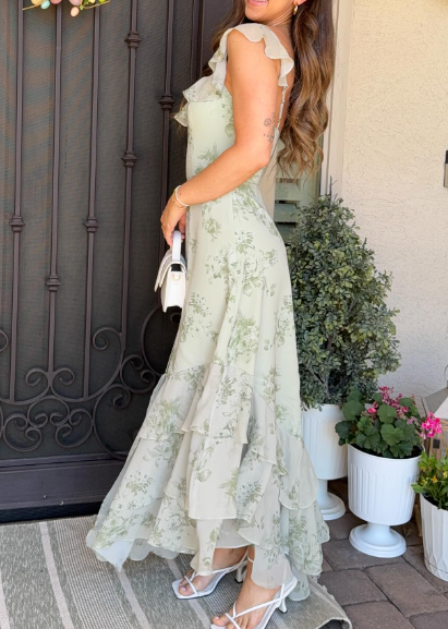 Beautiful Light Green A-line Floral Print Ruffled A-line Chiffon Long Prom Dress Evening Dress cc4896