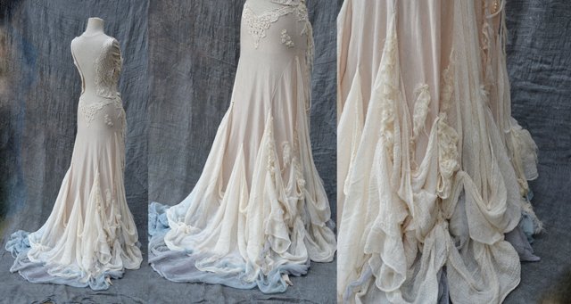Vintage Off-white Slim-fit Trailing V-neck 3D Floral Lace Long Prom Dress Wedding Dress cc4720
