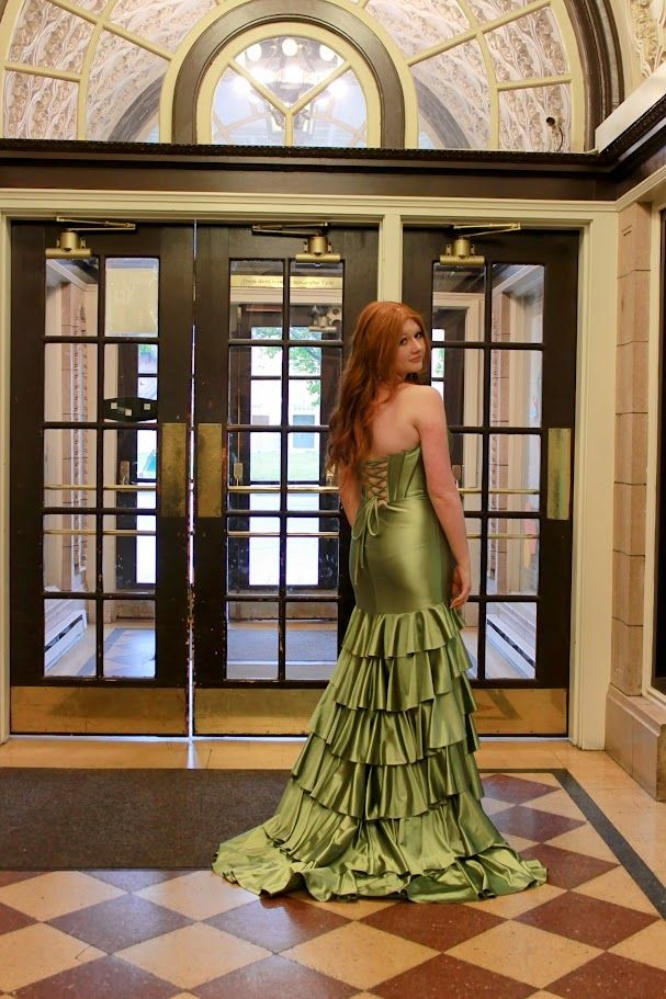 Elegant Green Mermaid Layered Ruffled Strapless Satin Slit Long Prom Dress Evening Dress cc4921