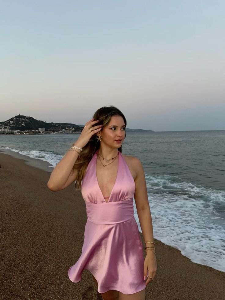 Elegant Pink Halter Neck Deep V neck Bow Satin A-line 17th Birthday Homecoming Dress cc4231