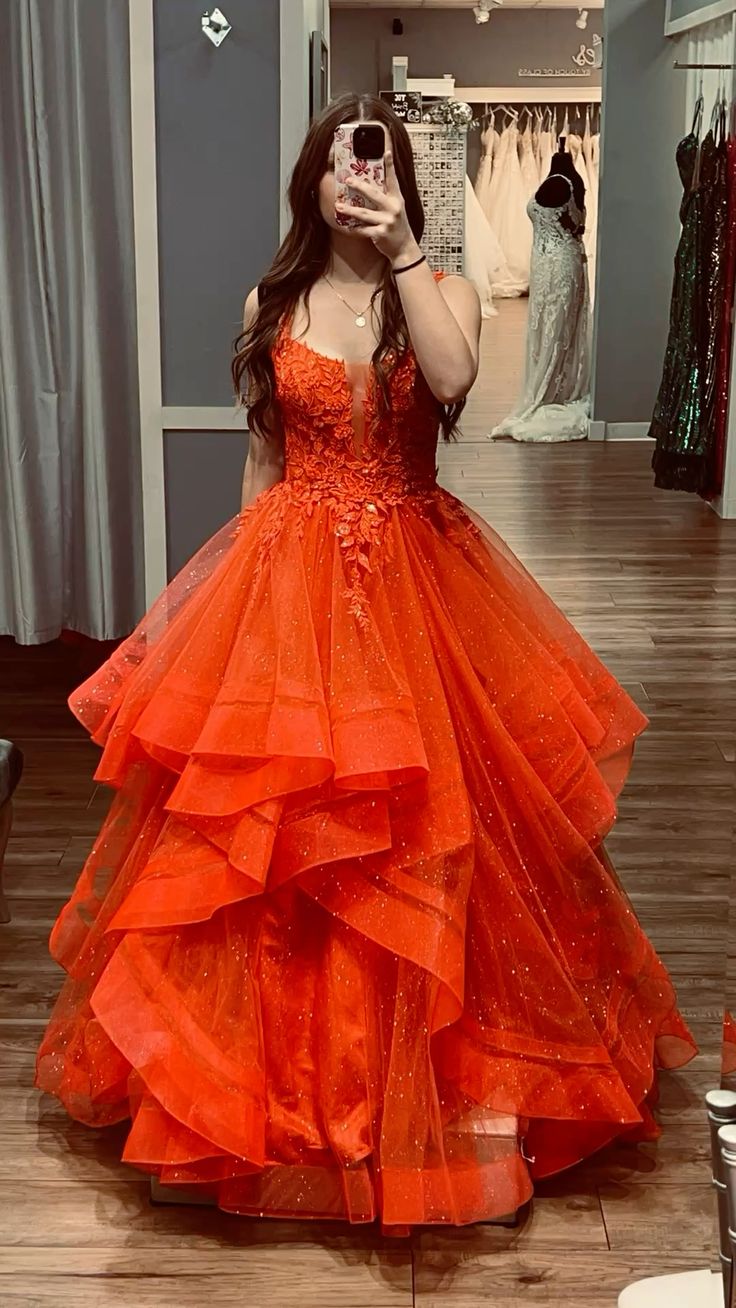 Gorgeous Orange A-line Ruffled Suspenders Lace Glitter Tulle Long Prom Dress Evening Dress cc4724