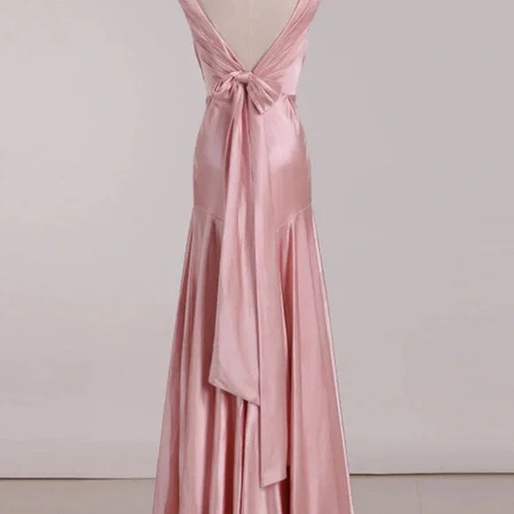 Simple Pink A-line Deep V Bow Backless Satin Long Prom Dress Evening Dress Bridesmaid Dress cc4941
