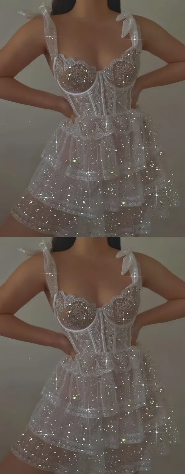 Sweet White Glitter Bow Strap Tulle A-line 16th Birthday Homecoming Dress cc4246