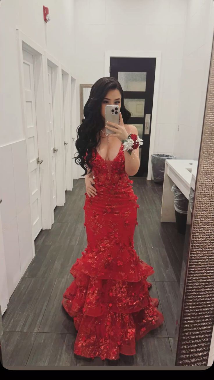 Gorgeous Red Mermaid Deep V-neck 3D Floral Tulle Long Prom Dress Evening Dress cc4962