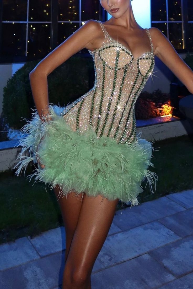Luxury Mint Green Diamond Feather Skirt Slim Fit 17th Birthday Homecoming Dress cc4296
