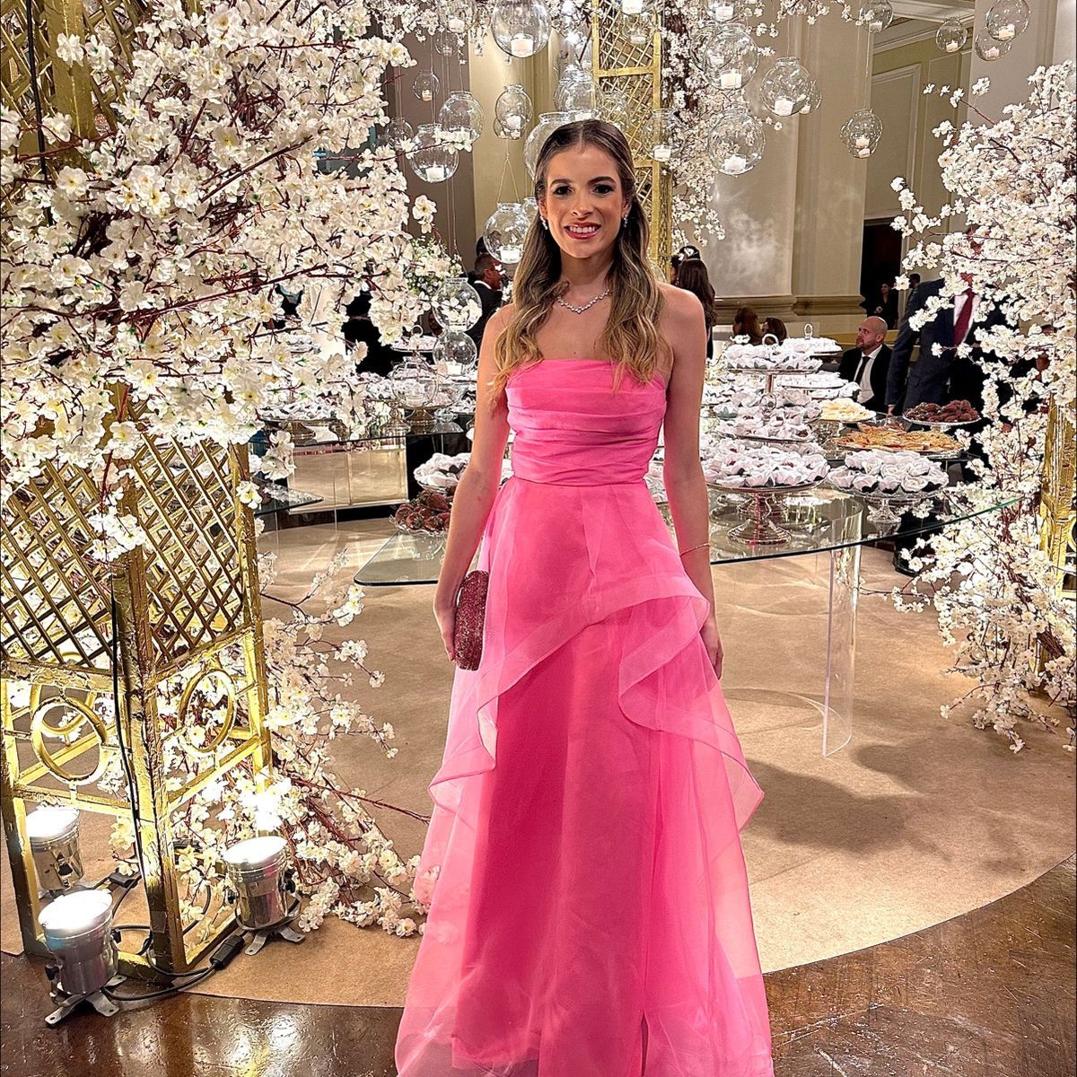 Elegant Rose Pink A-line Irregular Tube Top Organza Long Prom Dress Evening Dress cc4730