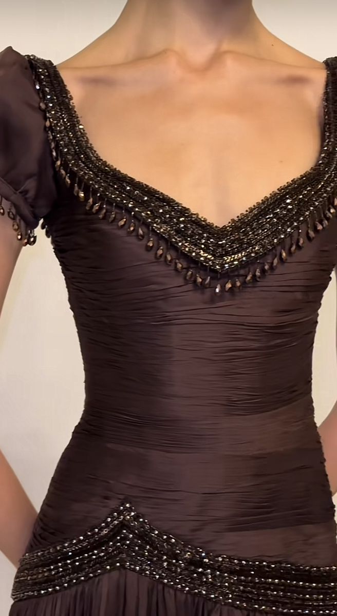 Retro Elegant Dark Brown Fitted V-neck Beaded Chiffon Long Prom Dress Evening Dress cc5003
