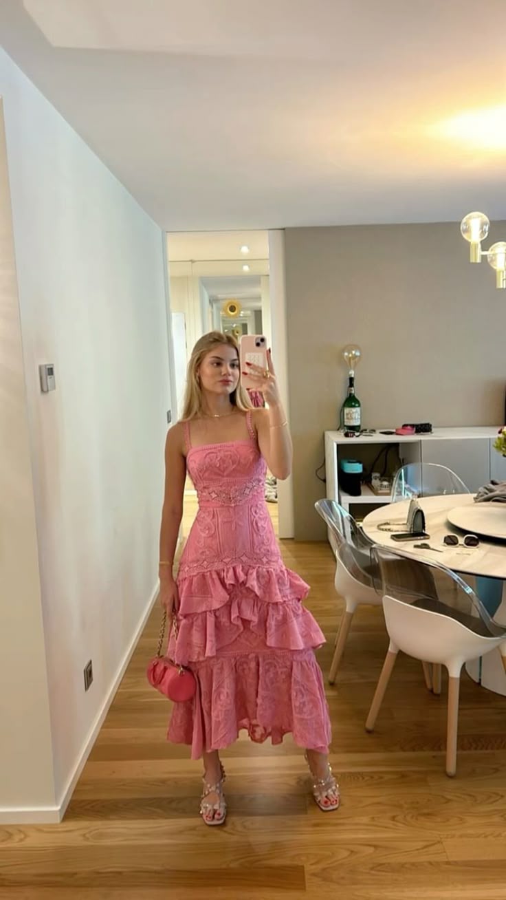 Sweet Pink A-line Thin Strap Square Neck Pattern Ruffle Lace Ankle-length Prom Dress Evening Dress cc4731