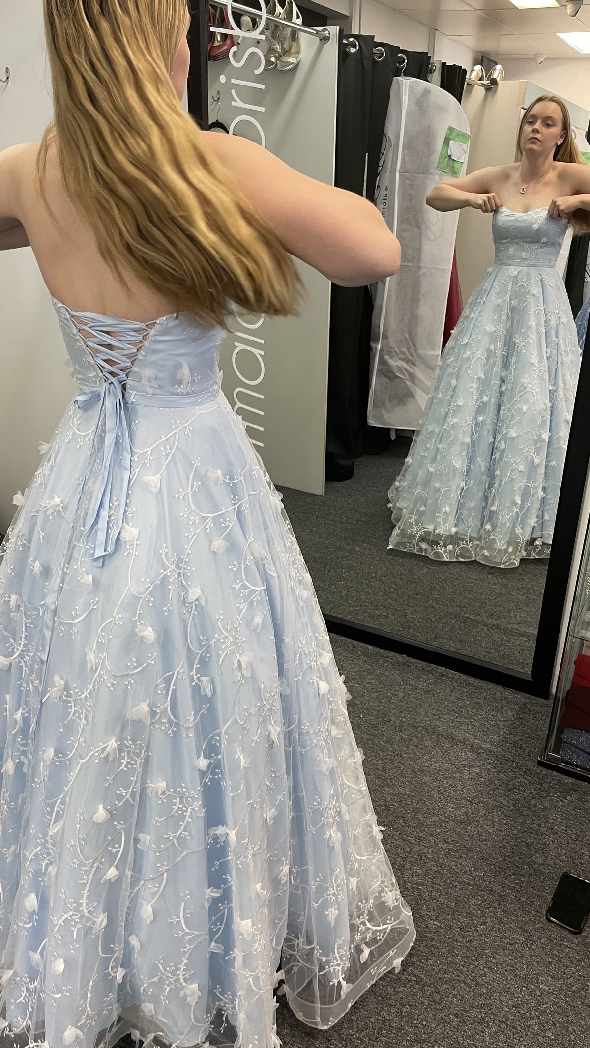 Elegant Light Blue A-line Strapless Embroidered Tulle Long Prom Dress Evening Dress cc5011