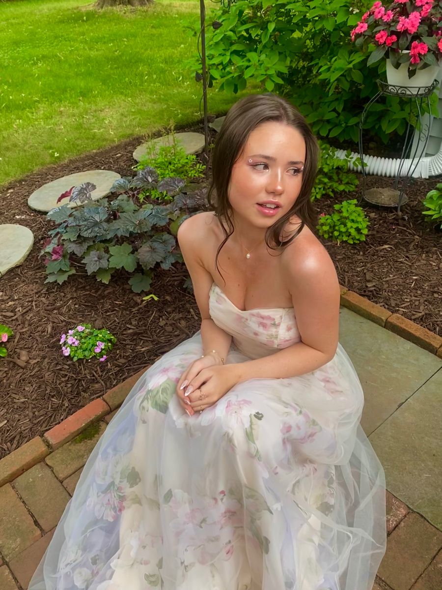 Fresh Floral Print Strapless A-line Tulle Long Prom Dress Evening Dress Bridesmaid Dress cc5016