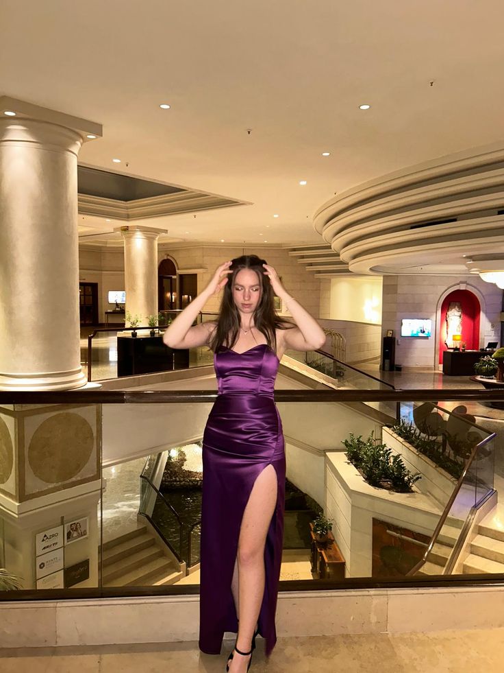 Elegant Purple Fitted High Slit Strapless Satin Long Prom Dress Evening Dress cc5048