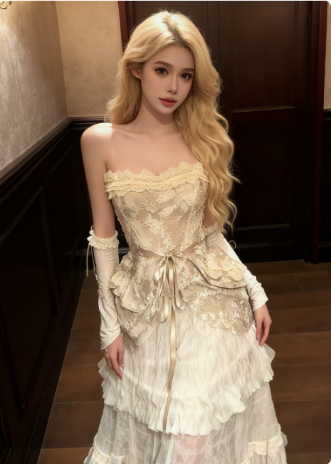 Vintage Off-white A-line Strapless Multi-Layered Ruffled Lace Long Prom Dress Evening Dress cc5049