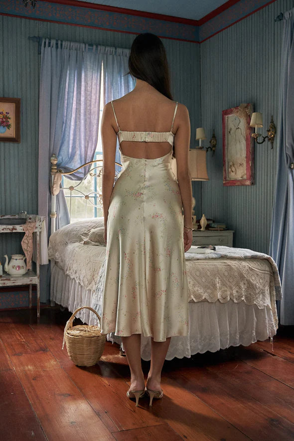 French Retro Ivory Floral Slim Spaghetti Strap Satin Tea-length Prom Dress Evening Dress cc4735