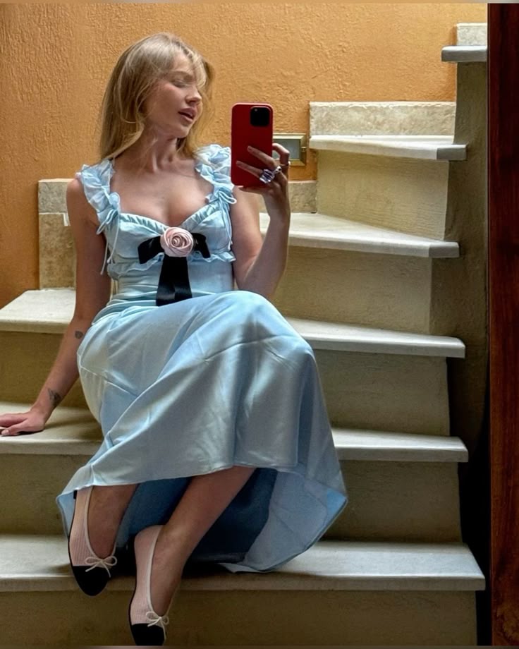 Sweet Light Blue Fitted Ruffled Shoulder Strap Bow Satin Long Prom Dress Evening Dress Bridesmaid Dress cc5056