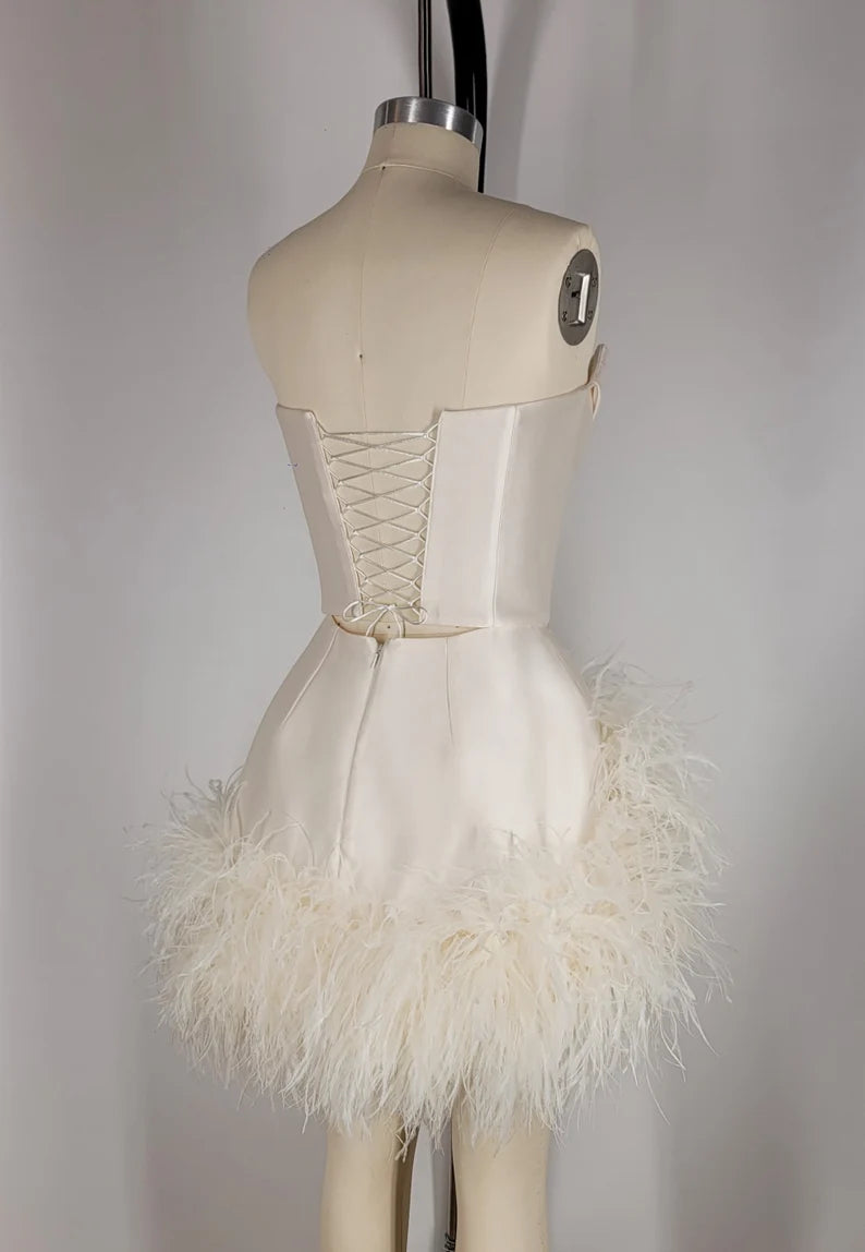 Elegant Satin Tube Top Feather Edge Bodycon 19th Birthday Homecoming Dress cc3503