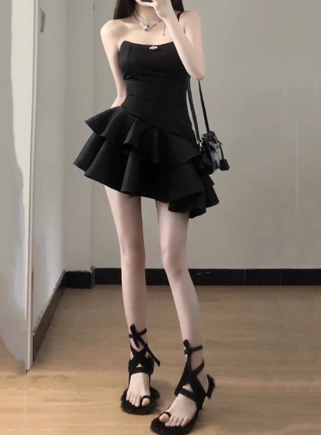Elegant Black Satin Tube Top Irregular Birthday Tutu Homecoming Dress cc3514