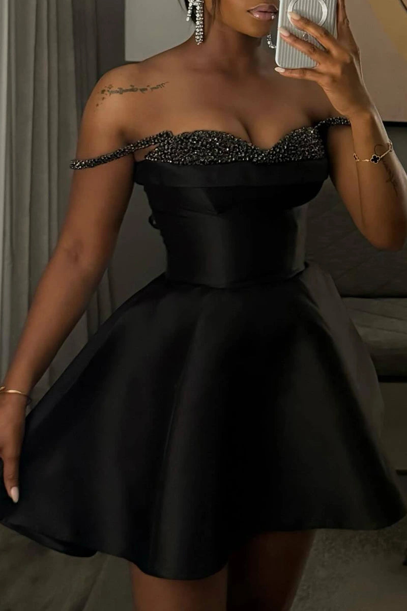 Sexy Strap Sweetheart Neck Black A-Line Birthday Dress Homecoming Dress cc3530