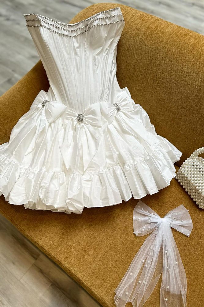 Sweet White Tube Top Bow A-Line 17th Birthday Homecoming Dress cc3534