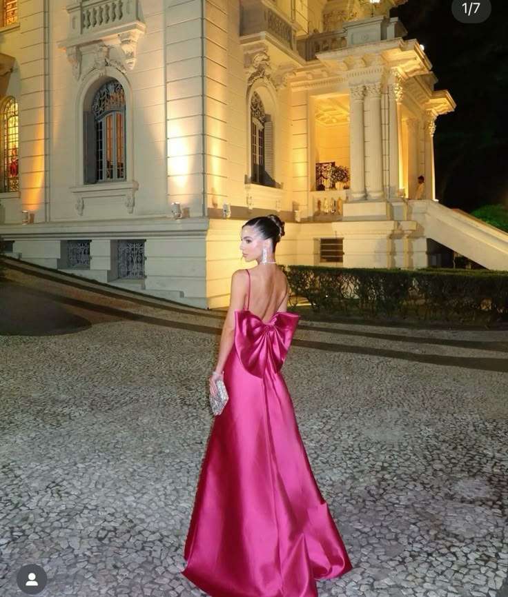 Elegant Hot Pink A-line Deep V Thin Strap Bow Satin Long Prom Dress Evening Dress cc4737