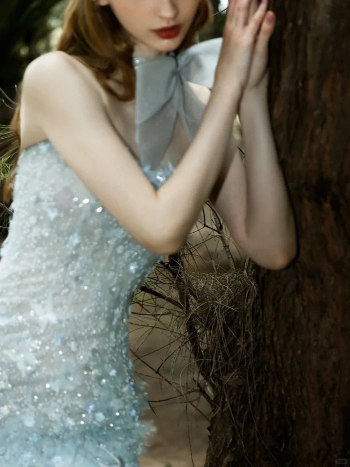 Sweet Light Blue Pearl Sequin Feather Slim Birthday Party Homecoming Dress cc4373
