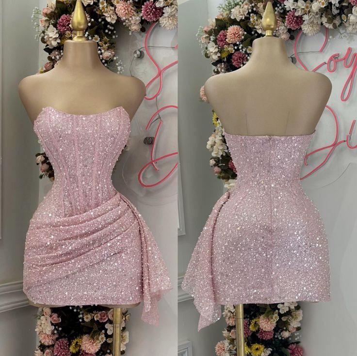 Cute Pink Sleeveless Sequined Slim Fit Hip 17th Birthday Homecoming Dress cc3650