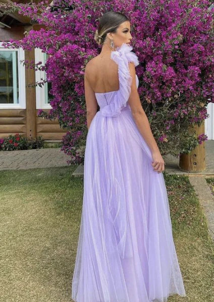 Dreamy Purple A-line One-shoulder V-neck Tulle Long Prom Dress Evening Dress cc4738