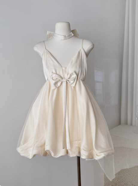 Princess Bowknot Halter Neck Sling Waist Net Tulle Puffy Birthday Party Dress Homecoming Dress cc3675